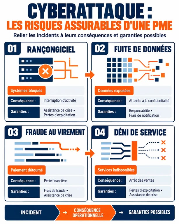 Infographie sur les risques cyberattaque assurés, les conséquences pour l’entreprise et les garanties cyber