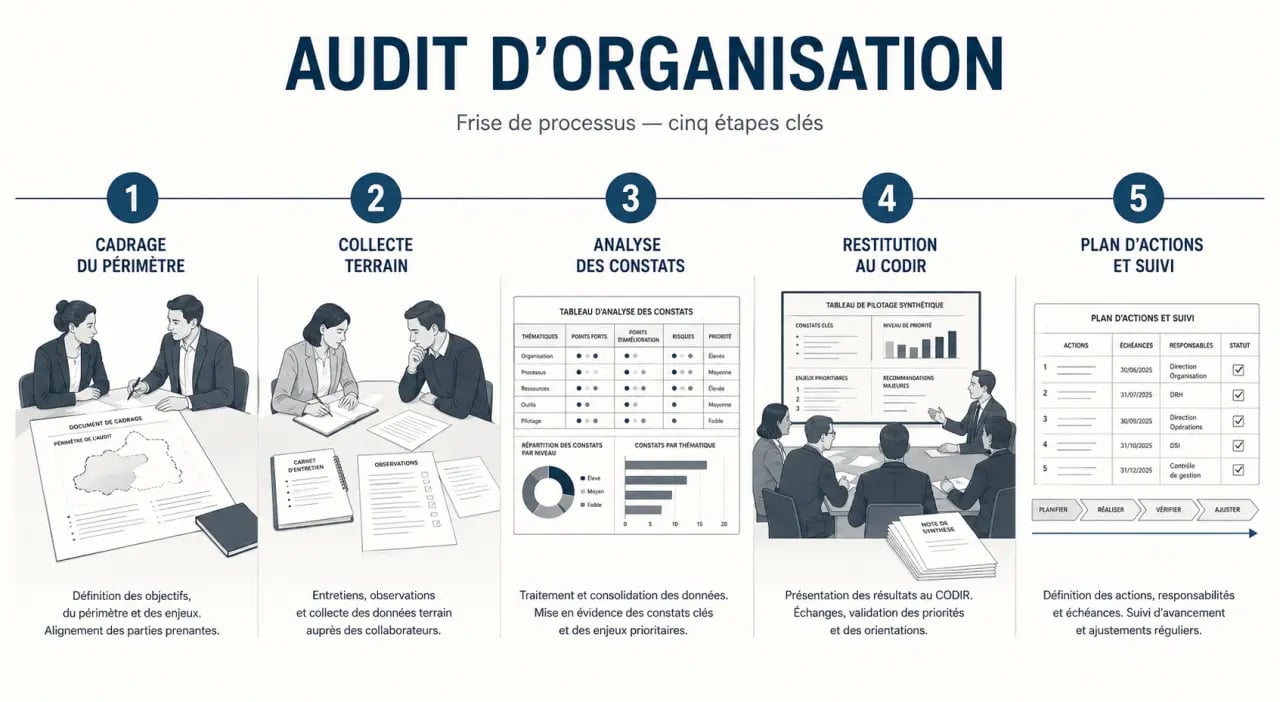 Schéma d’un audit d'organisation en cinq étapes, du cadrage au plan d'actions