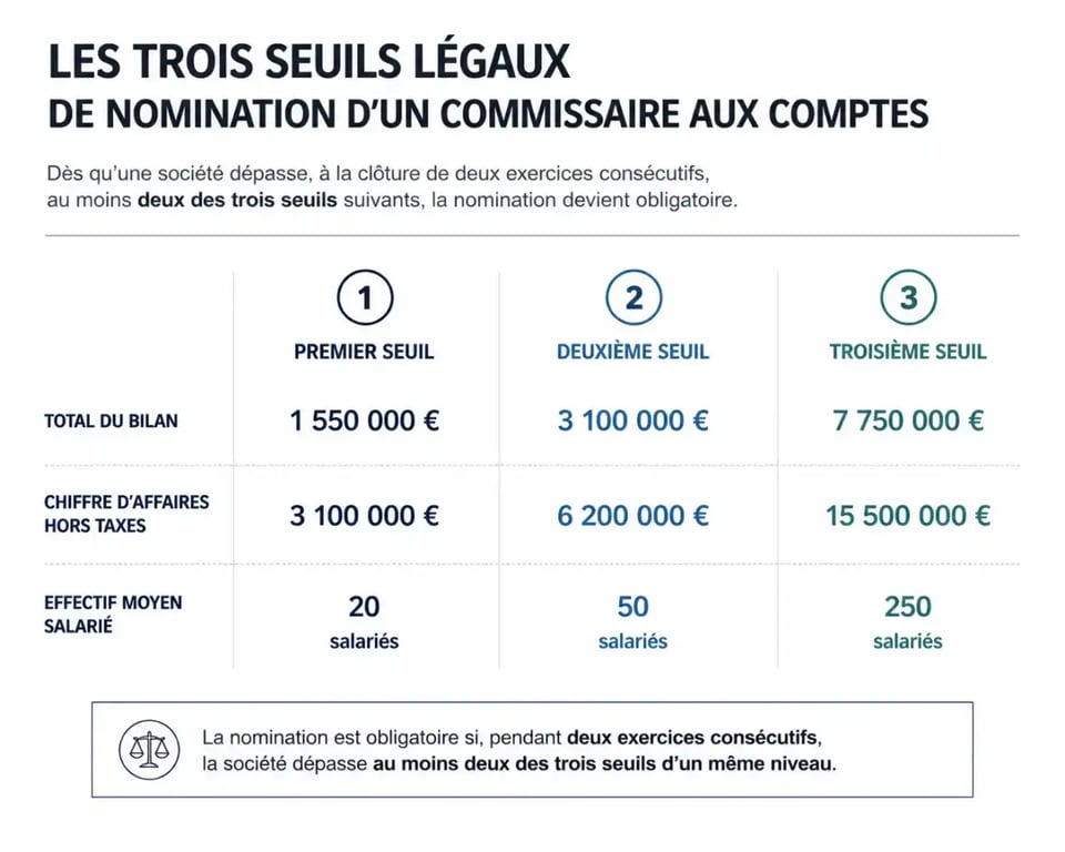 Infographie des seuils légaux pour la nomination d'un commissaire aux comptes