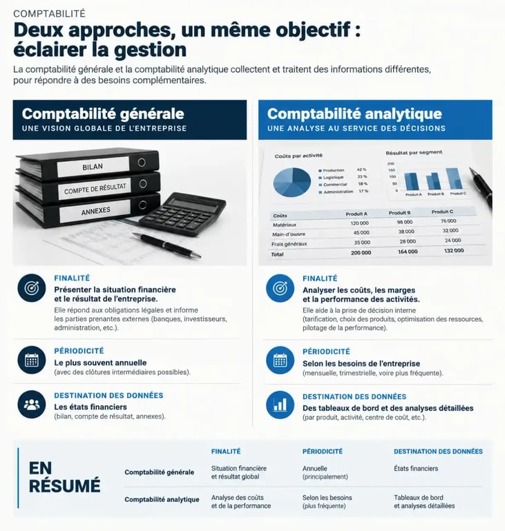 Tableau comparatif entre comptabilité générale et comptabilité analytique pour le pilotage de la rentabilité