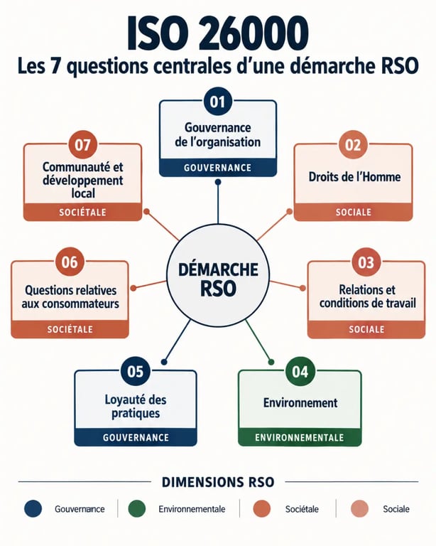 Infographie des sept questions centrales de l’ISO 26000 pour comprendre une démarche RSO