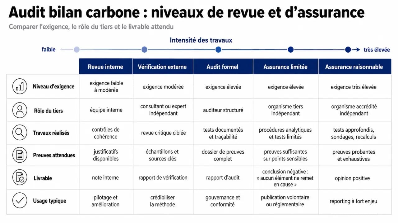 Audit bilan carbone : comparaison entre revue interne, vérification externe et niveaux d’assurance