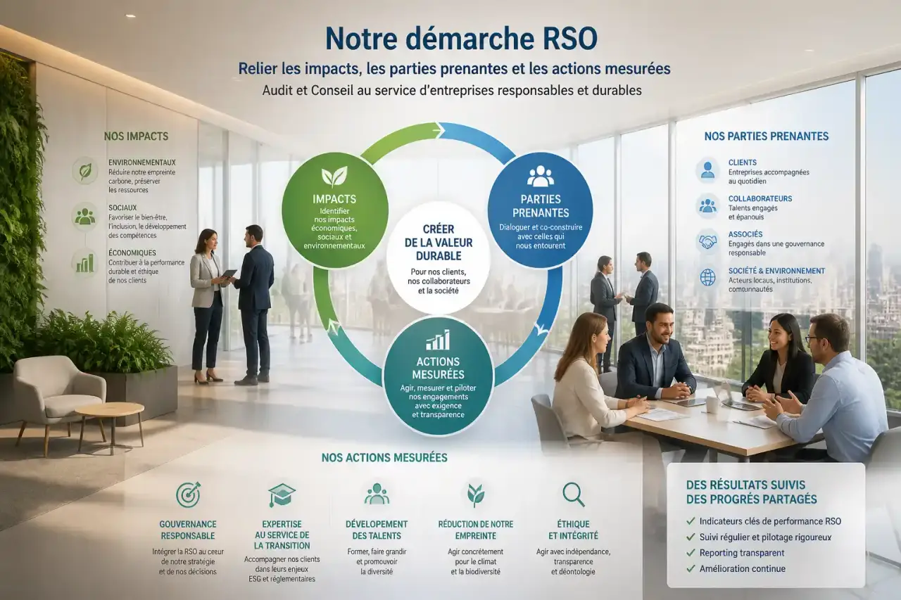 La démarche RSO relie les impacts, les parties prenantes et les actions mesurées